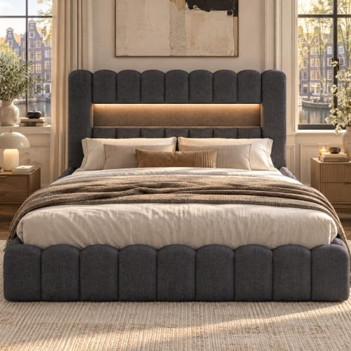 DULRLLY Polsterbett Bubble Bett 160 x 200 cm Doppelbett mit Hydraulisch Stauraum, USB-Ladefunktion und LED-Beleuchtung, Bettgestell Bett mit Lattenrost Stauraumbett Jugendbett,Ohne Matratze,Lein