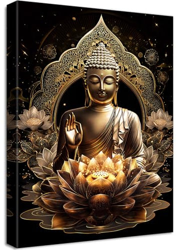 Bronze Buddha Statue Leinwand Bilder Mit Rahmen Lotusblumen Bild Zen Spa Buddhismus Gebet Wandbilder Kunstdruck auf Leinwand Malerei Wohnzimmer Korridor Schlafzimmer Badezimmer Wanddekor 40x60cm
