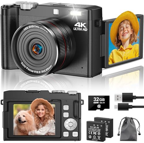 Fotocamera digitale 4K 64MP con schermo flip 180° 2.8, fotocamera compatta 18X autofocus con scheda SD 32G e due batterie per bambini, adulti e principianti