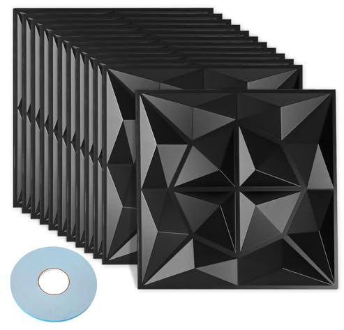 Yugodex 3D Wandpaneele, 3D Wandverkleidung Paneele, 3D Wall Panels mit Klebeband, Wanddeko Platten, Wasserfest, Hitzebeständig, aus Hochsteifes PVC - 30 x 30 cm, Diamant Schwarz, 24 Stück (2.16 m²)