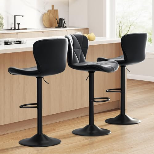 Hawthyhome Barhocker 3er Set |Barstuhl Höhenverstellbar mit Rückenlehne, Höhenverstellbar, 360° Drehbar, Kunstleder, für Esszimmer Heimbar Kücheninsel, 3 x Hocker, Schwarz