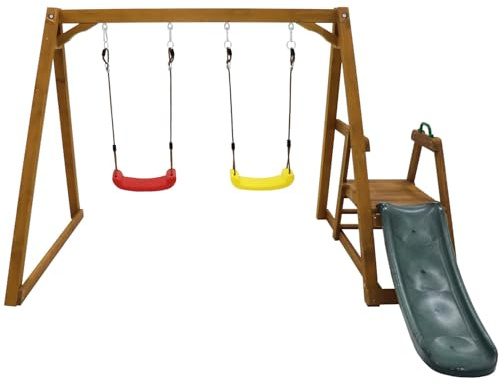 Kinder-Doppelschaukel, Outdoor-Kinderschaukel aus Holz, Gartenschaukel, Outdoor-Schaukelgestell aus Massivholz mit 2 Schaukelsitzen und 1 Rutsche und Leiter