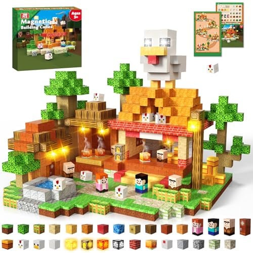 GraceDuck Magnetische Bausteine 200 Stück - Kreatives Hühnerfarm & Grillrestaurant Shop, Mit Tieren & Ofen, Magnetic Blocks STEM Spielzeug Geschenke für Jungen und Mädchen ab 3+ Jahren