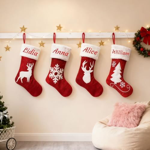 Generisch Personalisiert Weihnachtsstrumpf, Namensstickerei, 44 cm | Roter Samtstoff Nikolausstrumpf mit Weihnachtsmann, Schneemann & Pinguin, Familien-Weihnachtsdeko, 17 Zoll
