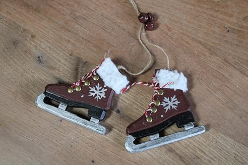Rustikale Holz-Schlittschuhe Weihnachtsdekoration, Rot und Weiß, 10 x 10 cm, Hängender Christbaumschmuck mit Schneeflocken-Design und Fellbesatz