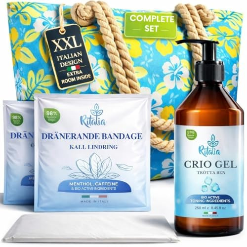 Ritalia® Bandages drainants jambes + Gel Cryo 250 ml effet froid avec sac de plage. Action tonifiante, drainante et anti-fatigue. Aide contre cellulite, jambes lourdes et pieds enflés.