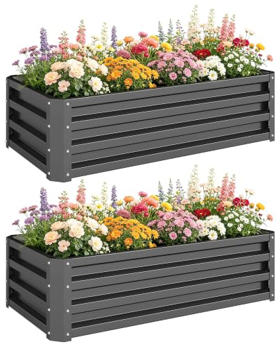 Outsunny 2er-Set Hochbeet Pflanzbeet Rechteckig 110 x 50 x 30 cm Dunkelgrau | Blumenhochbeet, Frühbeet, Gartenbeet, Pflanzkübel, Pflanzkasten aus Verzinkter Stahl, Blumenkasten, Terrasse & Garten