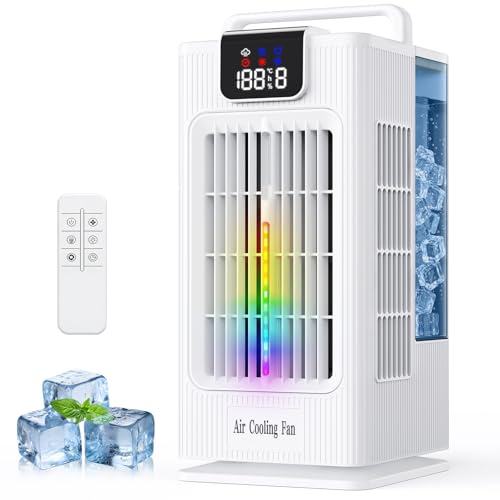 Aire acondicionado portátil, aire acondicionado personal de 2000 ml, mini aire acondicionado, ventilador enfriador de aire evaporativo con oscilación de 120°, 7 modos de luz RGB, 4 velocidades y