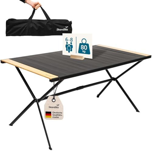 Skandika Campingtisch Tivaro | Alu Campingtisch mit Holz, für 6 Personen, 80 kg Traglast, 147x80x70 cm, wasserfest, klappbar, leicht, einrollbare Tischplatte | Falttisch für Garten, Camping, Angeln