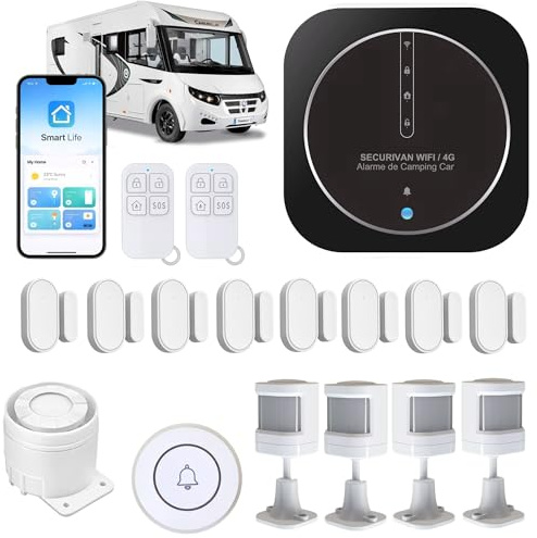 Alarme de Camping Car – WIFI/4G – Surveillance 24h/24h – Alerte sur téléphone - 2 Sirènes – Basse consommation – Adapté aux cloison Alu/Polyeste - Pas de Fausse Alarme – Expédiée programmée –