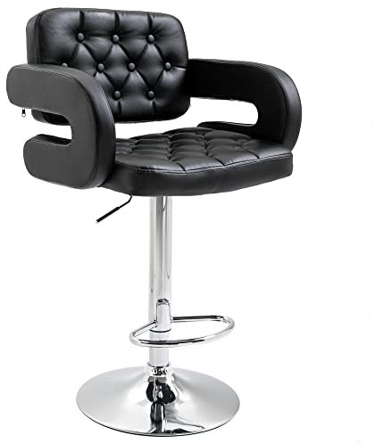 HOMCOM Swivel Bar Stool with Extra Large Seat, PU Leather Upholstered Adjustable Barstool with Back, Arm and Footrest, Breakfast Bar Chair for Bistro, Kitchen, Black