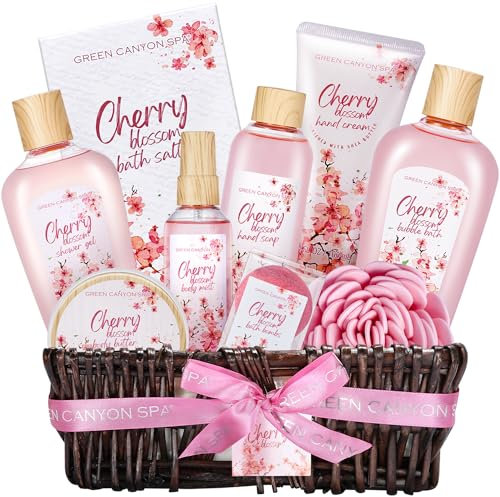 Green Canyon Spa Wellness Set für Frauen, 10 tlg. Kirschblüten Spa Geschenkorb, Duschgel, Schaumbad, Badesalz, Badebomben, Bodylotion, Körperspray, Geschenkset Frauen Mama Freundin