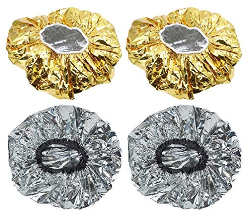 Minkissy 4pcs Aluminum Foil Cap Elastic Hair Coloring Cap Disposable Heat Shower Cap for Deep Conditioning Salon Spa (Golden Silver)