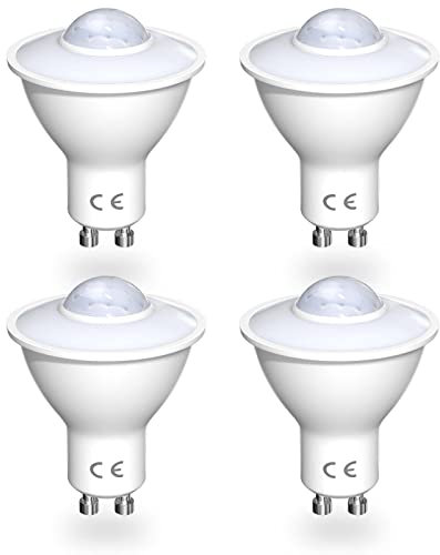 Luxvista 4-Pack 5W GU10 Ampoules LED avec Détecteur de Mouvement, Équivalent à 50W à Incandescence, Auto On/Off PIR Lampe de Détection Infrarouge, pour Entrée (Non Dimmable, Blanc Froid 6000K)