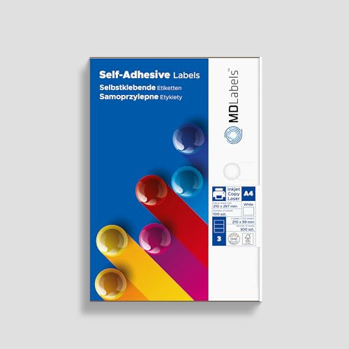 MDlabels Universal Etiketten DIN A4-210x99mm, 300 Etiketten- mattes papier Klebeetiketten– bedruckbare - Weiß Versandetiketten selbstklebend