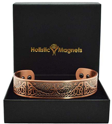 Bracelet Jonc celtique Homme Femme Bracelet Magnétique en Cuivre Pur avec six aimants Idée Cadeau Anniversaire (TRL)-Arbre de vie celtique (L: Poignet 19,5-22cm)