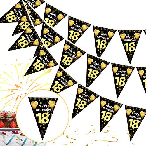 Girlande zum 18. Geburtstag, Schwarz, Gold, 18. Geburtstag, Wimpelkette, Dreiecks-Flaggen, Dekoration, 18. Jungen, Mädchen, Geburtstagsfeier, Stoff, Poster, Hintergrund, Banner Dekoration