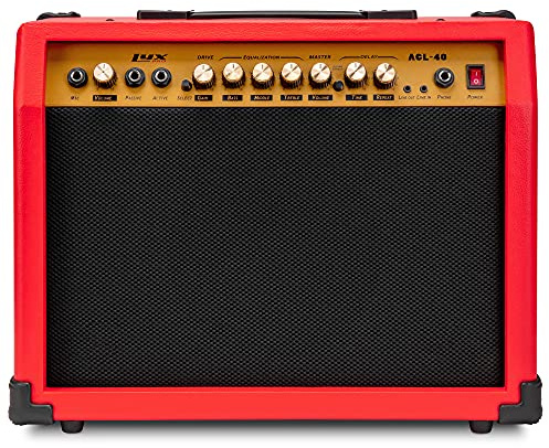 LyxPro 40 Watt Electric Guitar Amplifier | Combo Solid State Studio Amp with 8” 4-Ohm Speaker, Custom EQ Controls, Drive, Delay, ¼” Passive/Active/Microphone Inputs, Aux in & Headphone Jack - Red