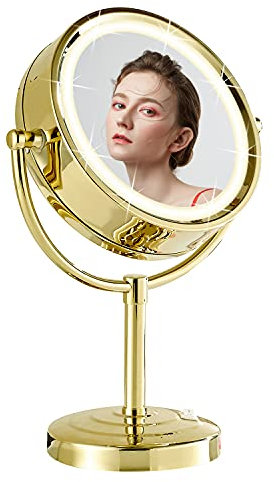 DOWRY Kosmetikspiegel Stehend Tischspiegel mit Beleuchtung Vergrößerungsspiegel 5X Schminkspiegel Gold Doppelseitige Spiegel,Ø21.5 cm