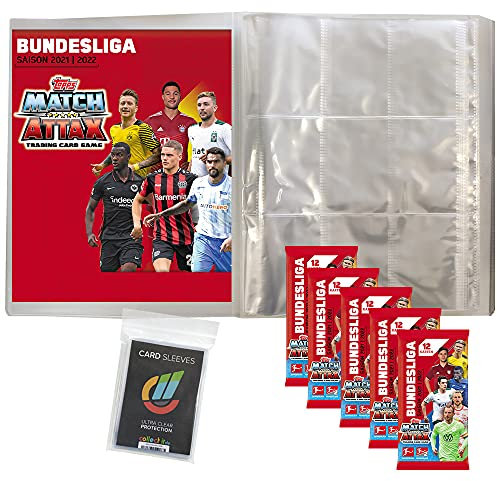 Collect-it 2021/22 Topps Match Attax - Sammelalbum-Bundle mit 1 Leere Sammelmappe, 5 Booster, 40 Hüllen (A4, Transparent)