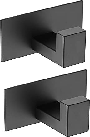 Beelee BA15607B-2 Lot de 2 crochets autocollants en acier inoxydable pour serviettes de salle de bain et cuisine, sans perçage, design carré noir, lot de 2