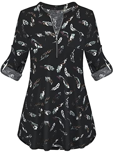 Odosalii Women's Plaid Tunic Blouse with Zip Up V Neck and Floral Print, Long/Short Sleeve Polo Top