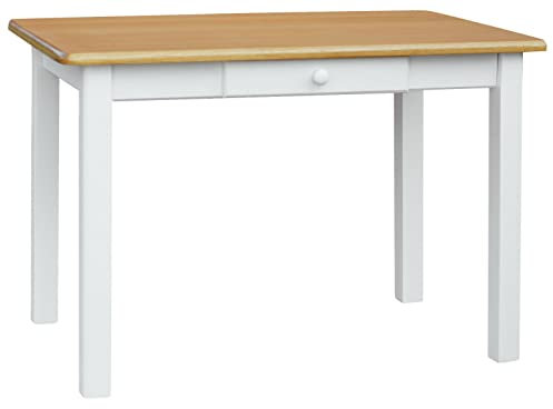 k koma Massiver Esstisch aus Kiefernholz – Weiß mit Tischplatte in Erle-Optik, mit Schublade – Ideal für Küche, Esszimmer oder Restaurant – NEU vom Hersteller (50 x 100)