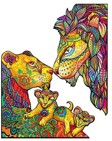 Wooden Jigsaw Puzzles for Adults and Kids, 300 Piece Jigsaw Wood Puzzle -Lion Family, Unique Animal Shaped Puzzle Gift Wall Decoration, 32x40cm