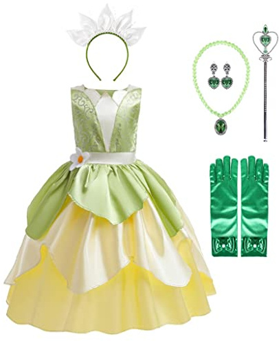 Lito Angels Prinzessin Froschprinzessin Kostüm Kleid Verkleidung mit Zubehör für Mädchen Kinder, Größe 4-9 Jahre