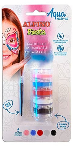 Blíster Aqua Make Up Alpino Fiesta 5 Colores | Maquillaje Facial acuarelable | Maquillaje para Fiestas, Carnaval, Halloween | Maquillaje al Agua Apto para niños y Adultos