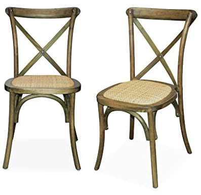 Alice's Home - Lot de 2 chaises de bistrot en Bois d'hévéa Marron Vieilli. Vintage. Assise en rotin. empilables