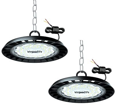 Wegoodlife 2 Pezzi 100W UFO Proiettore LED Industriale, 10000LM High Bay Luce, 6500K Bianco Freddo UFO Lampada Officina, IP65 Impermeabile Illuminazione a Soffitto LED, Proiettore LED per Garage