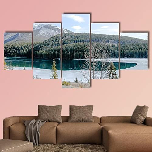 Kunstdrucke 5 Teilig Bilder Leinwand,leinwandbilder 5 teilig wohnzimmer dekoration,5 Teilig Wanddekoration Zwei Jack Lake im Winter,Bild Bilder auf Leinwand 5 teilig Poster,wandbild xxl 100x55cm