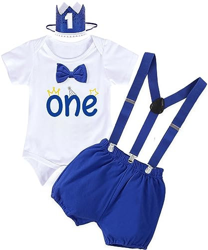 YYDSXK Vestiti Compleanno 1 Anno Bambino, Vestito per Il Primo Compleanno Set con Pagliaccetto, Pantaloncini, Bretelle, Corona Fascia, Compleanno Outfit per la Baby Shower, Fotografia (Blu, 100)