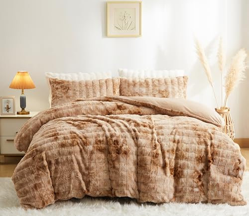 Sedefen Peluche Housse de Couette 220x240cm Brun Hiver Chaude Duveteuse Parure de lit 2 Personnes Adulte Flanelle Furry Fuzzy Fur Doux Linge de lit Avez Fermeture Éclair et 2 taies d'oreiller 65x65cm
