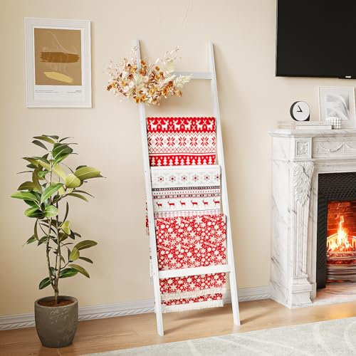 Blanket Ladder Towel Racks For Bathroom 5 Layers Towel Holder 100% Bamboo Wood Sturdy Construction No Need Wall Drilling Quilt Scarf Storage Solution Decorative Leaning Shelf for Living Room (White)