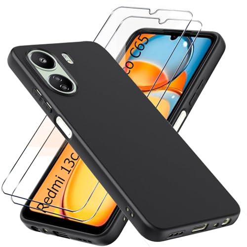 Handyhülle für Xiaomi Redmi 13C/POCO C65/Redmi 13 C Hülle + 2Pcs panzerglas für Xiaomi Redmi 13C/POCO C65/Redmi 13 C Hülle Stoßfest cover Schutzhülle Silikon Case Weich Schwarz hülle und panzerglas