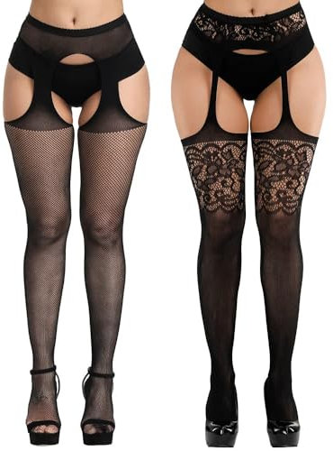 KLONKEE 2 PCS Bas pour porte-jarretelles Femme Collants Jarretelles Noir Femme Sexy Taille Extensibles Collant Ouvert