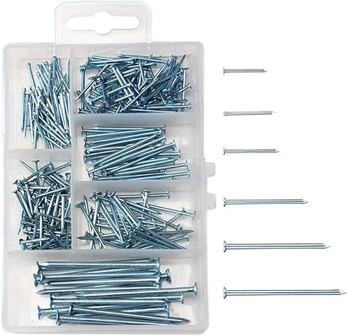 Flat Head Nails Assorted Picture Hanging Fencing Hardware Nail Assortment Kit Multi Purpose Zinc Plated Flat Headed Wall Nails for Wood Framing DIY Crafts Woodwork Furniture Construction (250 Pack)