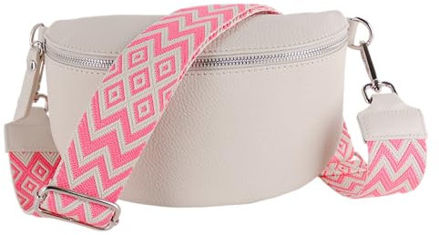 MIRROSI® Bauchtasche Damen, Echtleder, Made in Italy, Umhängetasche, Brusttasche, Crossbody Bag (1 Tasche & 2 Gurte) (Beige(Bohemian NEO PINK), Große Tasche (28x18x9cm))