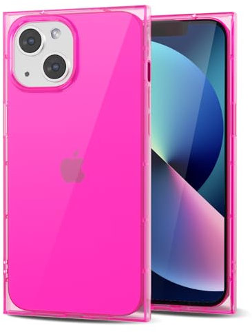 Svanove for iPhone 13 Clear Case Square Rectangle Edge, Transparent Aesthetic Trendy Girly Neon Bright Silicone Rubber Phone Case for Women, Thin Slim TPU Bumper Protective Cover, Hot Pink
