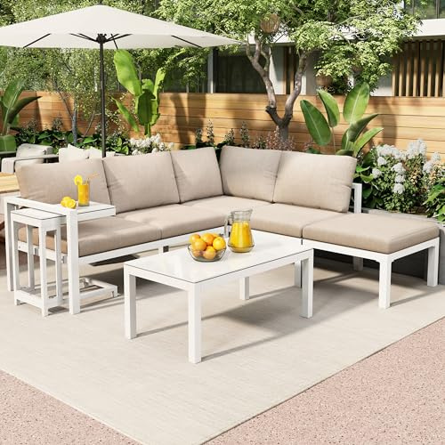 ZYLOYAL10 Garten-Lounge-Sessel-Set, Ecklounge, Gartenmöbel für 6–8 Personen, Gartenmöbel-Set, wetterfeste Lounge-Möbel, Outdoor-Aluminium-Eckabdeckung, Anthrazit (Weiß, 5er-Set)