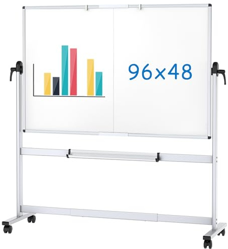 VIZ-PRO Doppelseitiges mobiles Whiteboard, 96 x 48 Zoll, magnetisches Rollen, trocken abwischbar, Whiteboard auf Rädern mit Aluminiumrahmen und Ständer