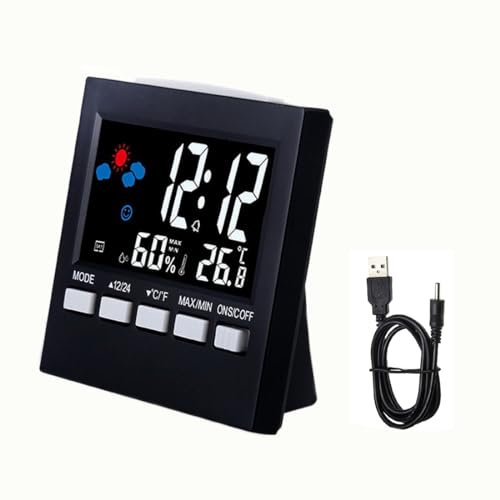 Termometro igrometro da interno, grande display LCD, monitor digitale di umidità della temperatura con sveglia, previsioni meteo e cavo USB per casa e ufficio