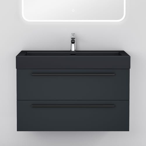 Mai & Mai Badmöbel-Set Waschbeckenunterschrank 90 cm, Waschtisch mit Unterschrank in matt Anthrazit, inkl. Waschschbecken aus Mineralguss Quadratto