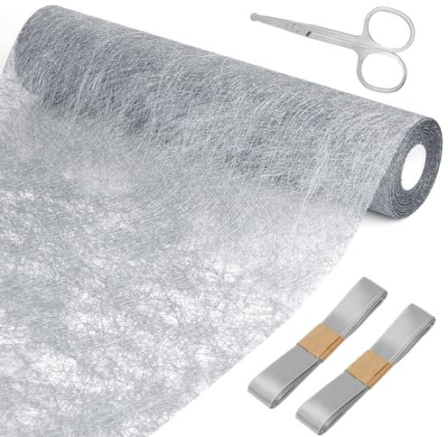 1 Rolle Tischläufer Silber 30cmx20m Tischband mit Beschicht Glänzend Silber Tischdecken Hochzeit Dekostoff Polyester Tischdeko Tischläufer mit 2 Farbiger Bänder