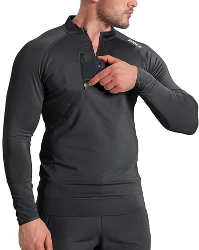 BROKIG Mens Dualzip Gym 1/4 Zip Top,Muscle Tight fit Lightweight Outdoor Athletic Long Sleeve Pullover with Pockets(L,Black)