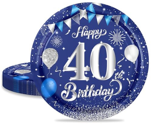 MORAINJAY 16pc Navy Blue Silver 7in Paper Plates for 40th Birthday Party Supplies