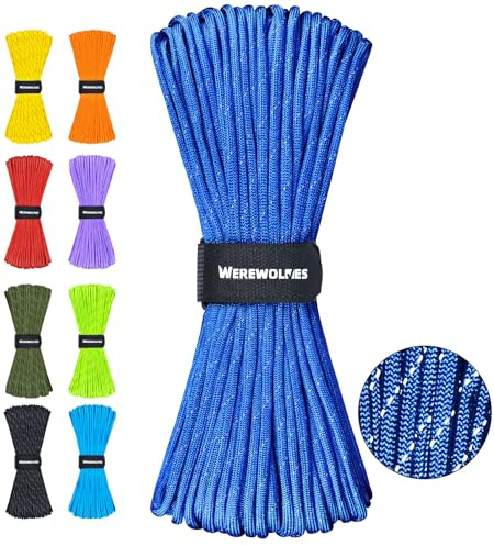 WEREWOLVES Reflective Paracord Rope 100FT, 7 Strand Type III Parachute Cord 4mm Thin Tent Rope for Outdoor Camping Hiking (Sapphire Blue, 100FT)