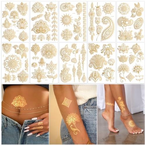 10-Sheet Gold Henna Tattoo Kit - Women's & Girls' Tattoo Stickers for Arms & Hands - Wedding & Festival Glitter Henna Tattoos